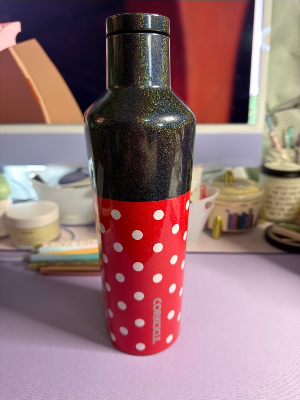 Corkcicle Minnie Mouse Polka Dot Stainless Bottle - Red & Black Glitter